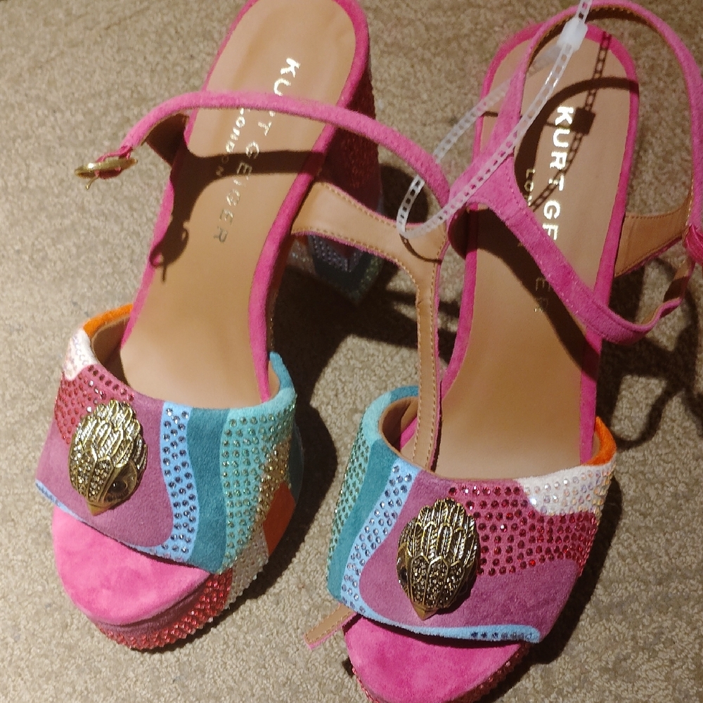 Kurt Geiger Multicolor Suede Platform Heels with Gold Emblem